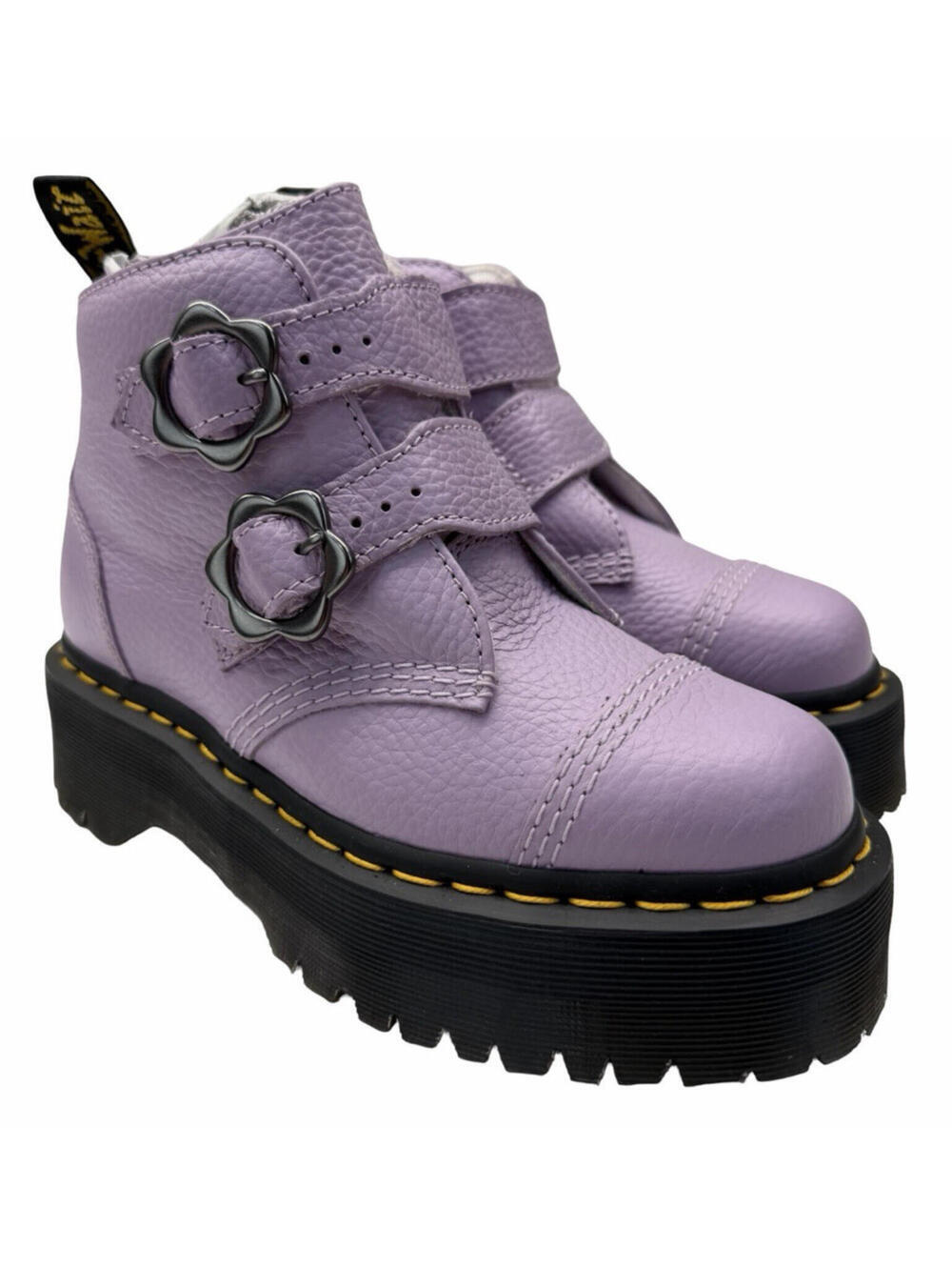 Dr. Doc Martens Devon Flower Buckle Leather Platform Boots Purple Size US 6